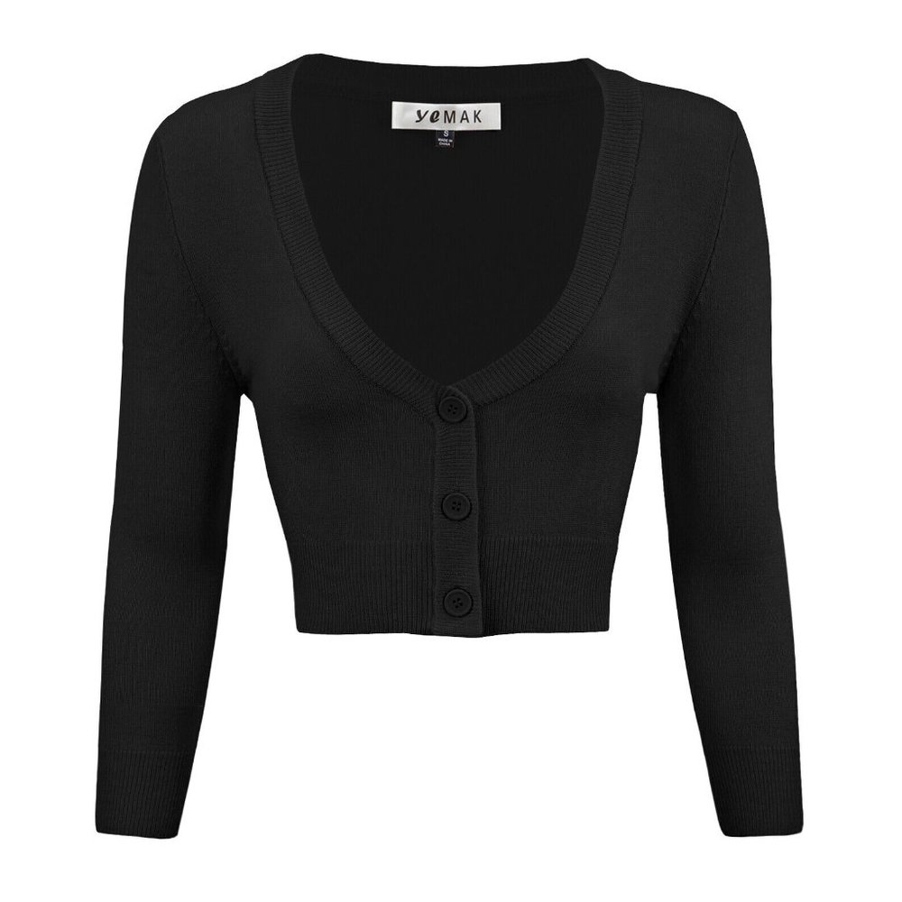 YEMAK Women's Cropped Bolero 3/4 Sleeve Button Down Cardigan Sweater